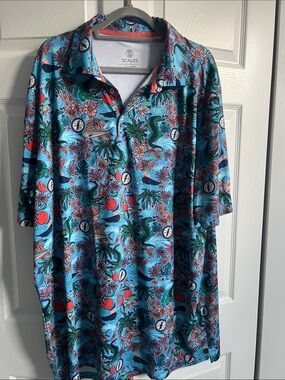 SCALES Men’s Tropical Print Polo in Bright Blue with Coral Accents